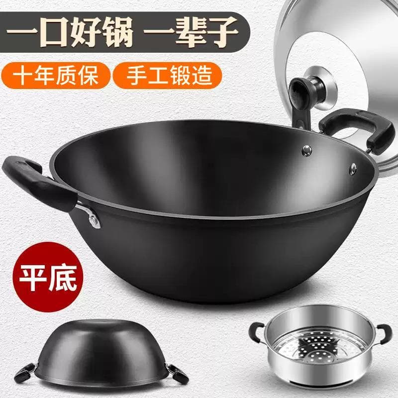 Panela de ferro com orelha dupla wok wok doméstica grande wok panela antiaderente à moda antiga panela de guisado aprofu