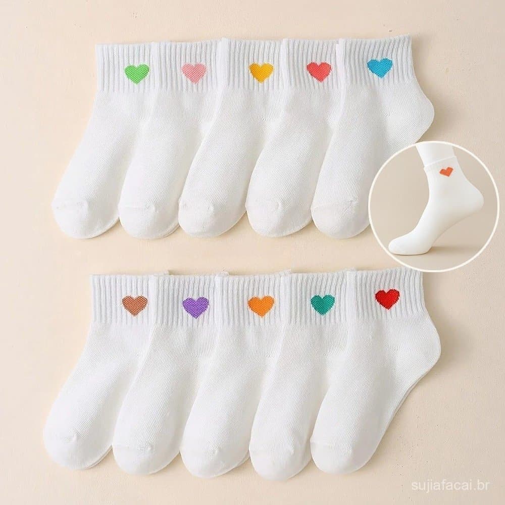 5 Pares Crianças Coração Meias Meninas Branco Preto Algodão Tornozelo Respiráveis Esportes Para Estudantes Todas As Esta