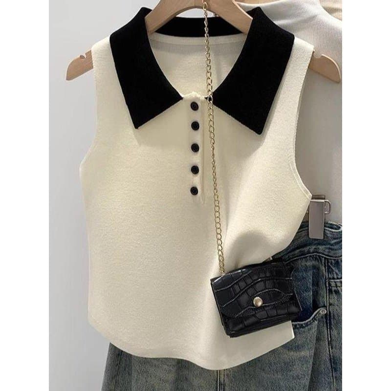 Contraste cor gola polo sem mangas camiseta feminina verão 2025 novo estilo Super bonito doce temperamento colete único