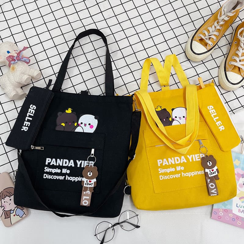 Moda clássica bolsa de lona de um ombro urso dos desenhos animados conjunto de duas peças estudante dupla volta bolsa de