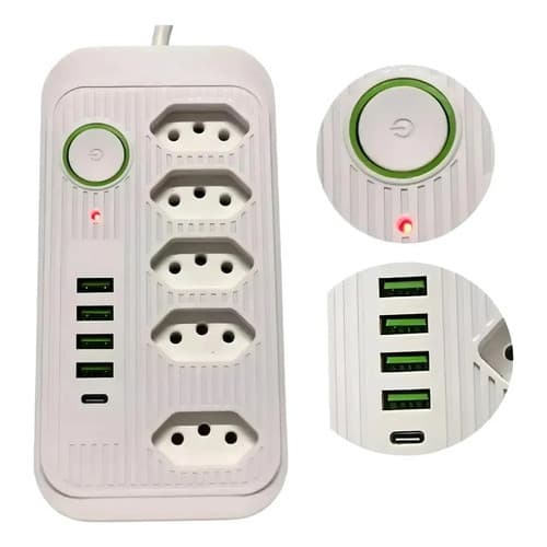 Filtro de Linha Extensão 5 Tomadas Bivolt 4 Entradas USB e 1 Tipo C