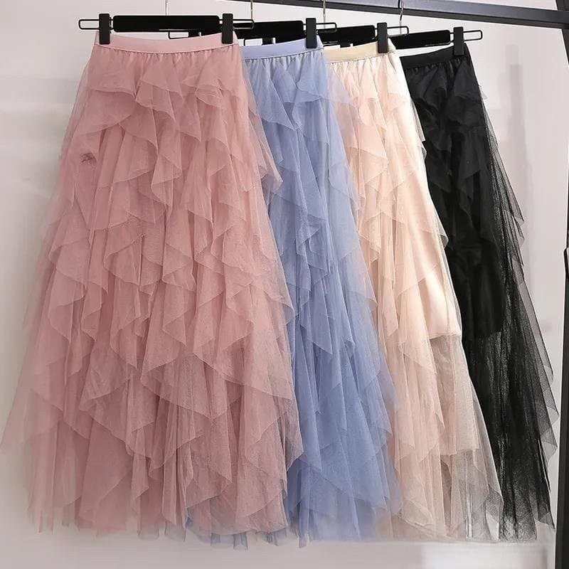 GLCHENG 2024 Verão Primavera Bainha Saia Tule Gaze Plissada Longa Irregular Saia Extra Longa Feminina D9QT 8O1N I8RL