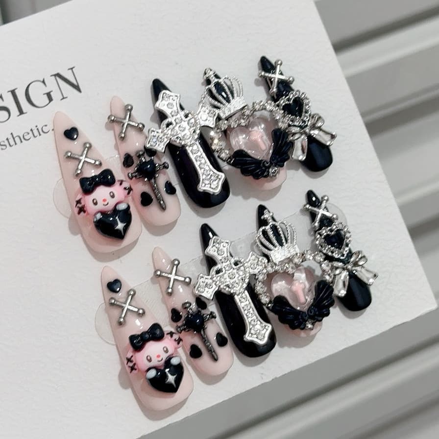Preto Rosa Melodia Ryosangata Artesanal Imprensa Em Unhas Jirai Kei Doce Lolita Longo Stiletto 3D Arco Coração Coroa Cru