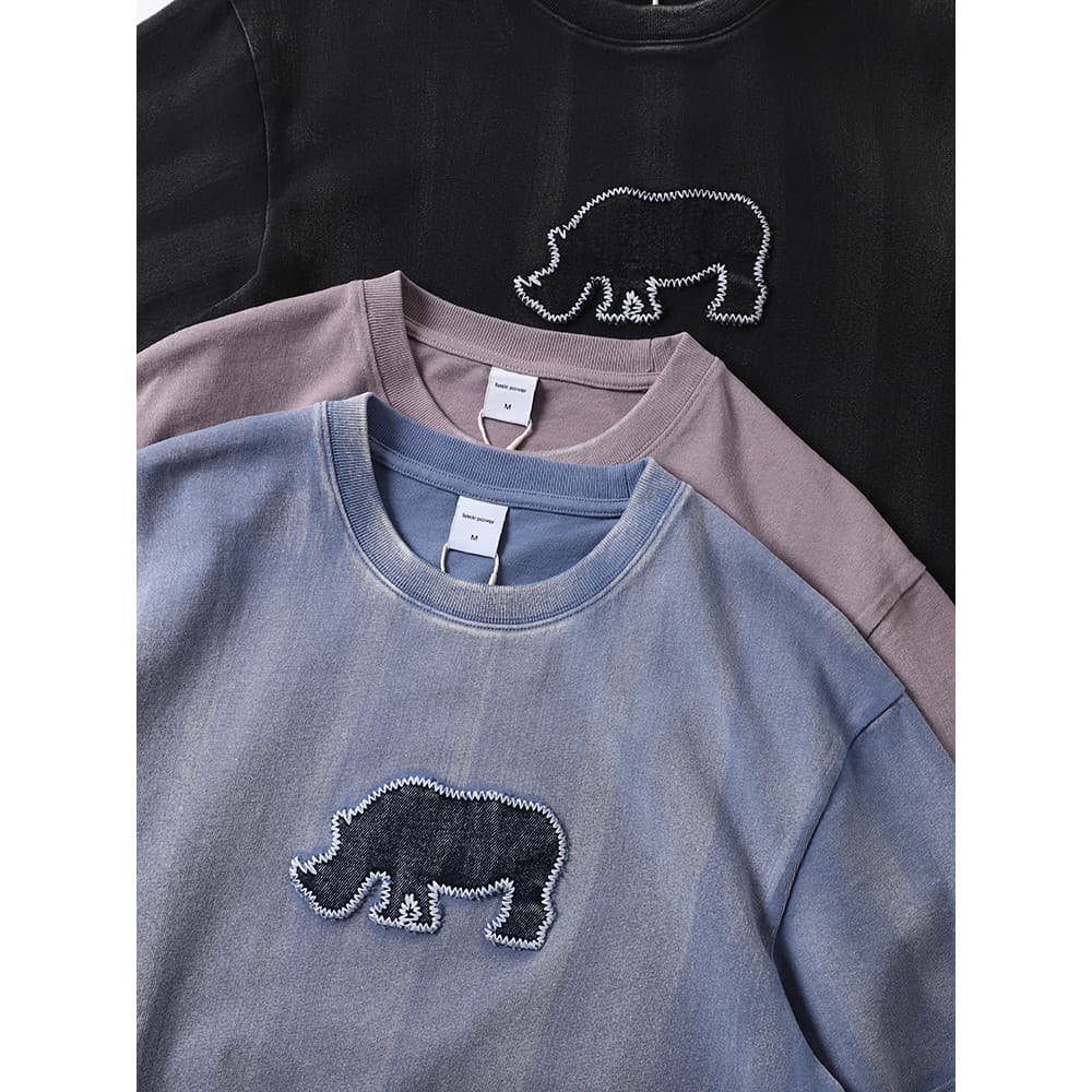 Americano Retro pesado 300g puro algodão de manga curta camiseta masculina angustiado apliques bordado solto metade @-