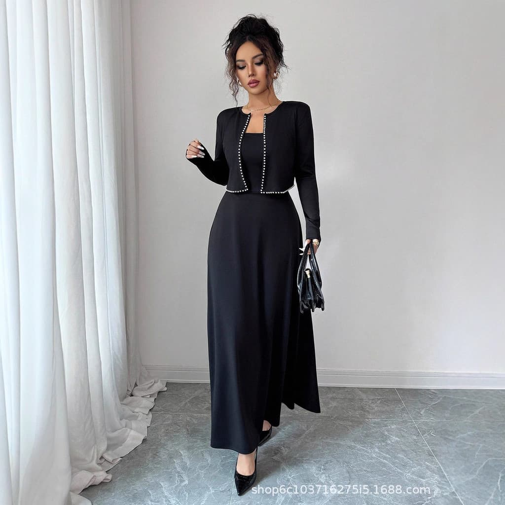 Feminino 2026 Xiaoxiang estilo malha Cardigan comprimento médio Suspender saia estilo elegante coreano
