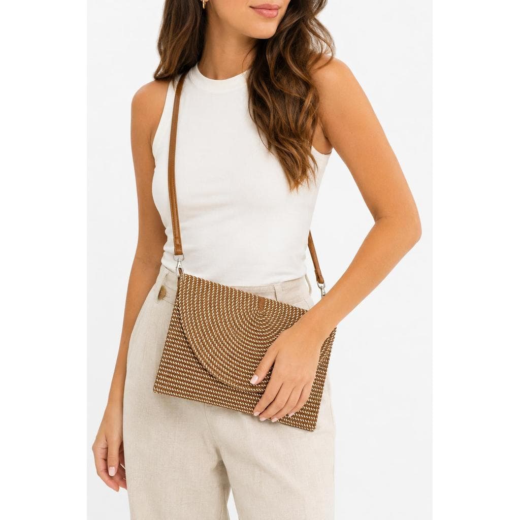 Bolsa Carteira Transversal Clutch de Palha Alça de Mão Com Alça Regulável Moda Praia Marrom