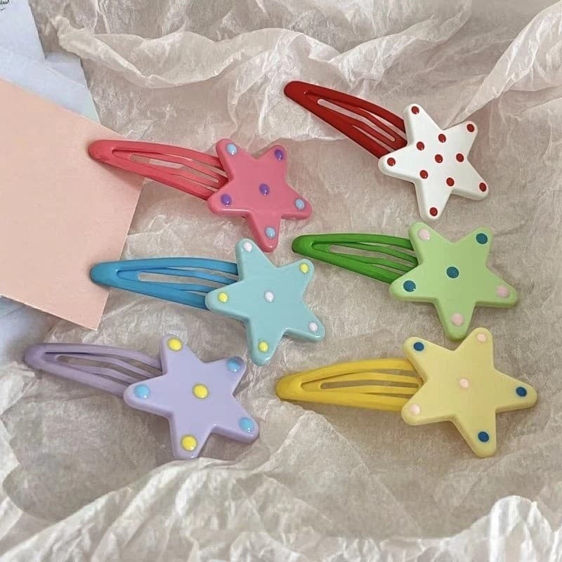 [Promoção de novo produto] Versão coreana Costeletas Dopamina Cor Polka Dot Star Grampo de cabelo Sweet Girl Side Bangs