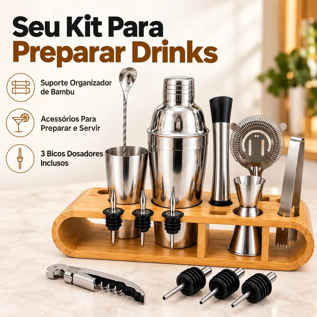 Kit Bartender Completo Coqueteleira Acessórios Drinks Bar com Suporte Organizador de Bambu