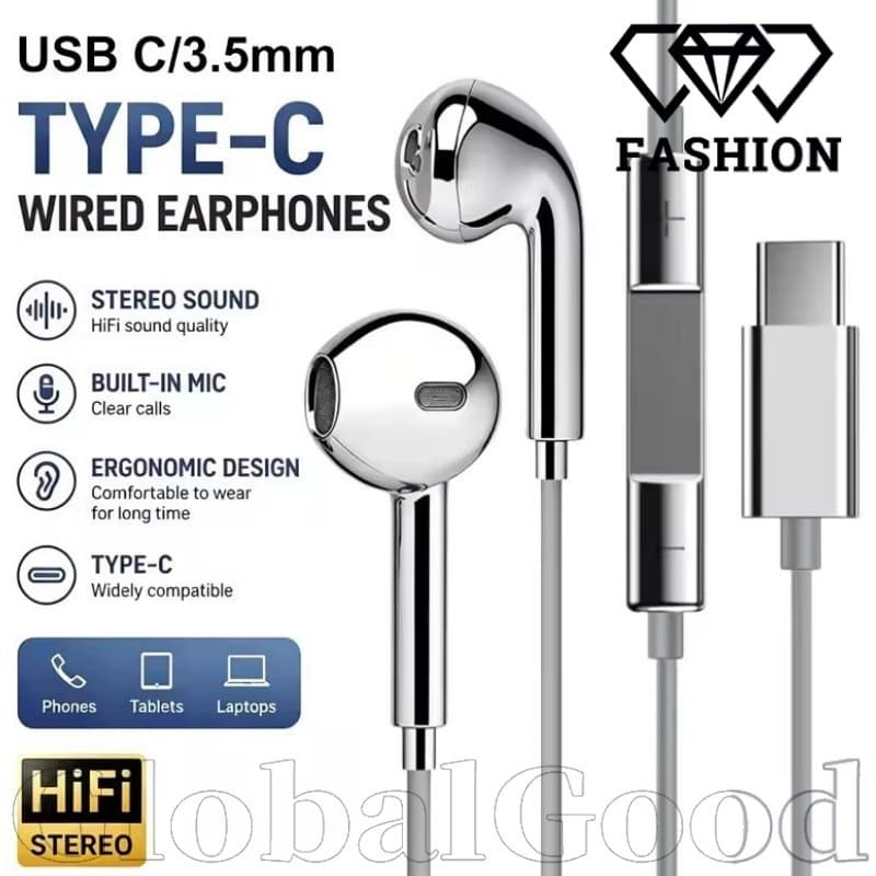 [24H] Fones De Ouvido Semi-Intra-Auriculares Com Fio-Tampões 1.2 M USB Tipo C/3.5 Mm-Fone Estéreo-Microfone E Controle D