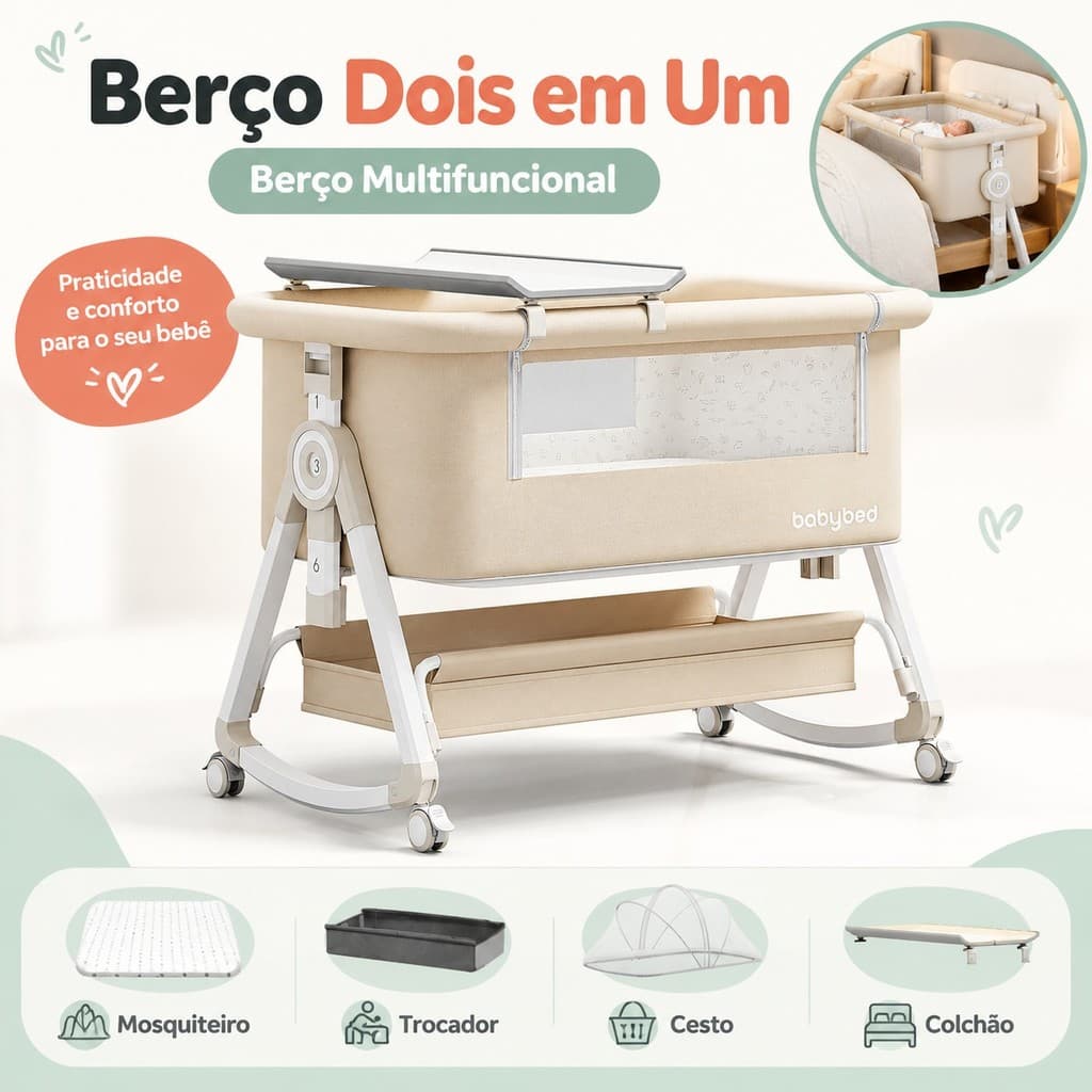 Berco Portatil Dobrav​el com Colchao Viscoelastico Mosquiteiro e Trocador para Quarto Infantil Uso Domestico