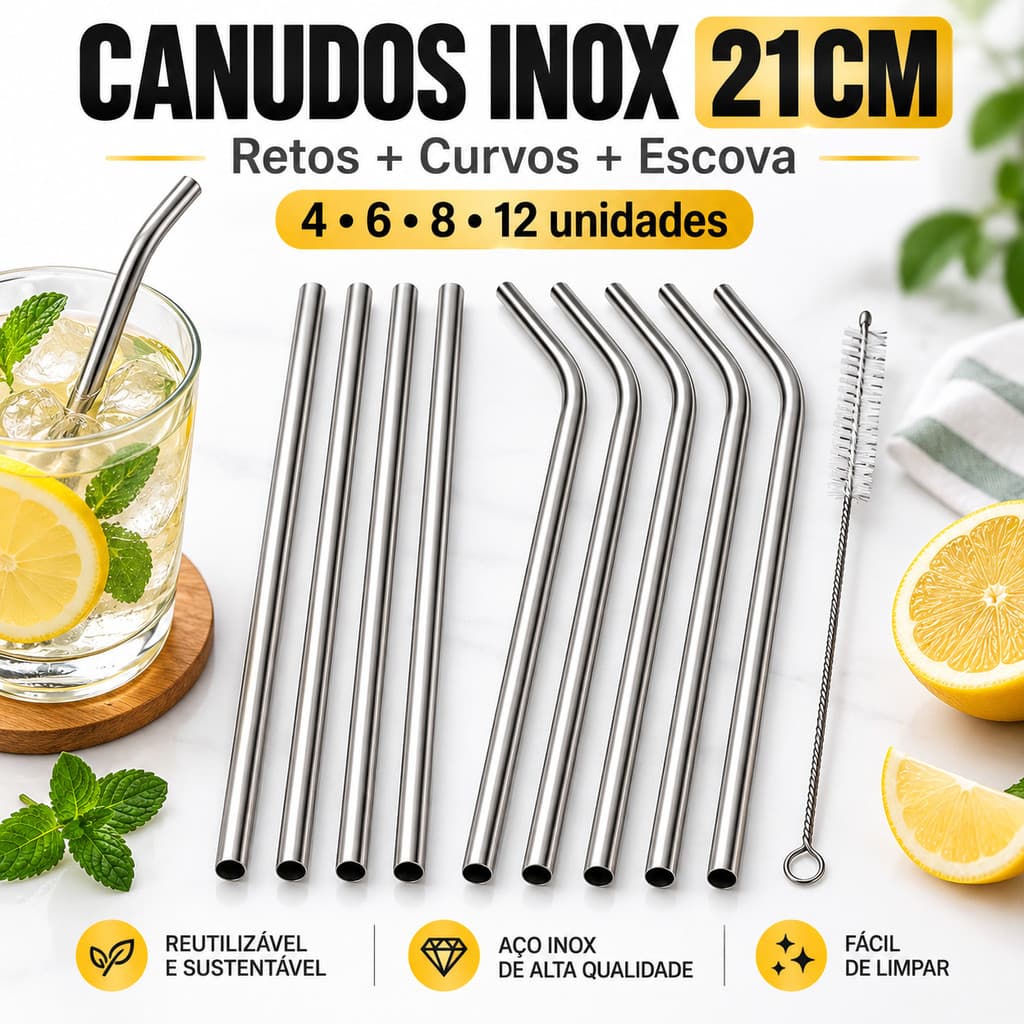Kit Canudos Inox 21cm Retos e Curvos com Escova Reutilizáveis Laváveis para Sucos Drinks Copos 4 6 8 12 Unidades