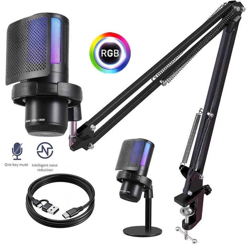Microfone Condensador USB RGB Para Jogos Telefone PC PS4/5 Gravação E Podcasting De Transmissão Ao Vivo