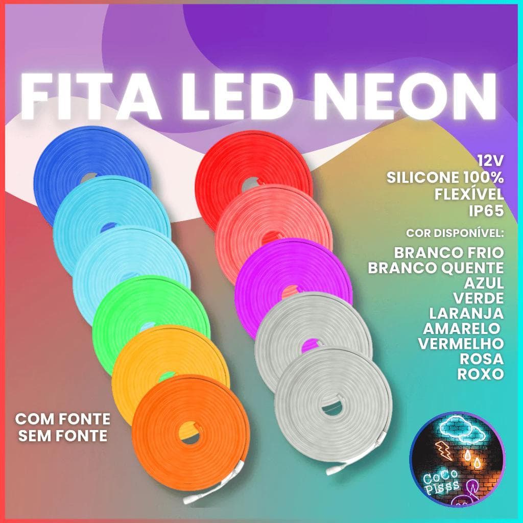 Fita De Led Neon Branco Quente Com 5 Metros 12V Bivolt Flexivel Resistente A Agua Sem Fonte
