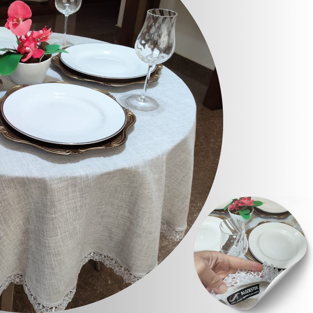 TOALHA DE MESA REDONDA DE LINHO SOFISTICADO COM RENDA 1,55 MTS
