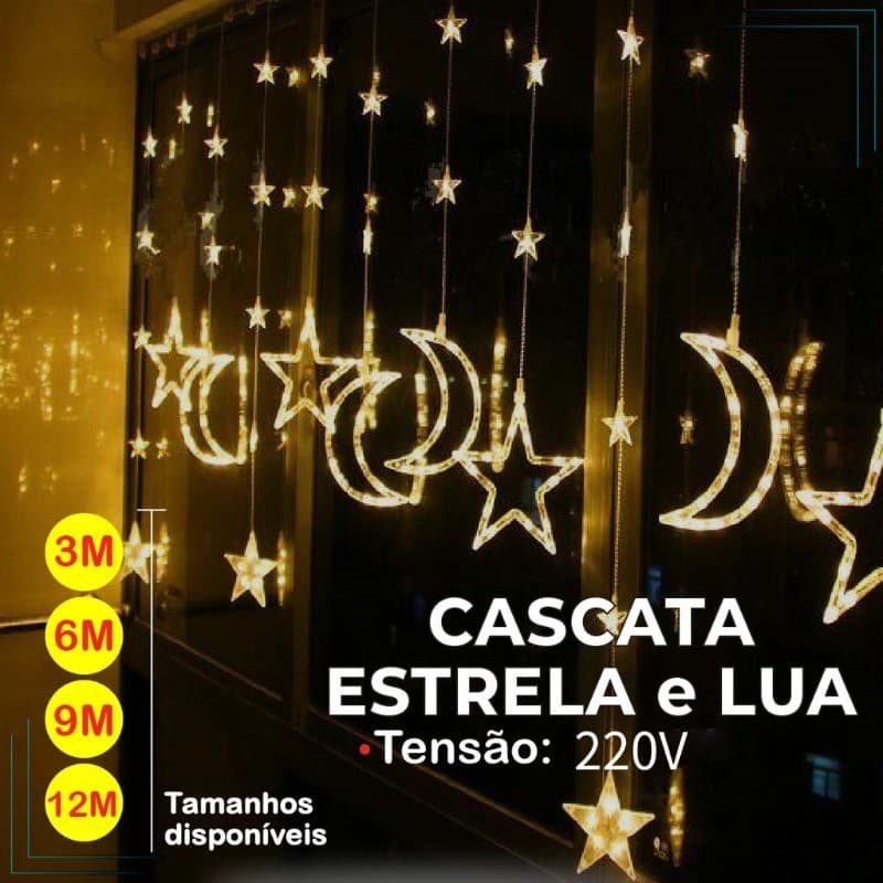 Corda de luz de fada LED de 12 m, com corda de luz estrela e lua, 9 W, luz de cortina, 8 modos de luz, luz branca quente
