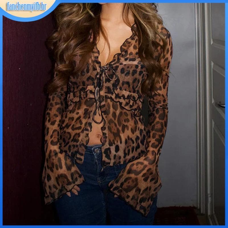 DAS – Camisetas Femininas De Malha Com Estampa De Leopardo , Amarração Frontal , Babados , Manga Longa , Gola V , Tops C