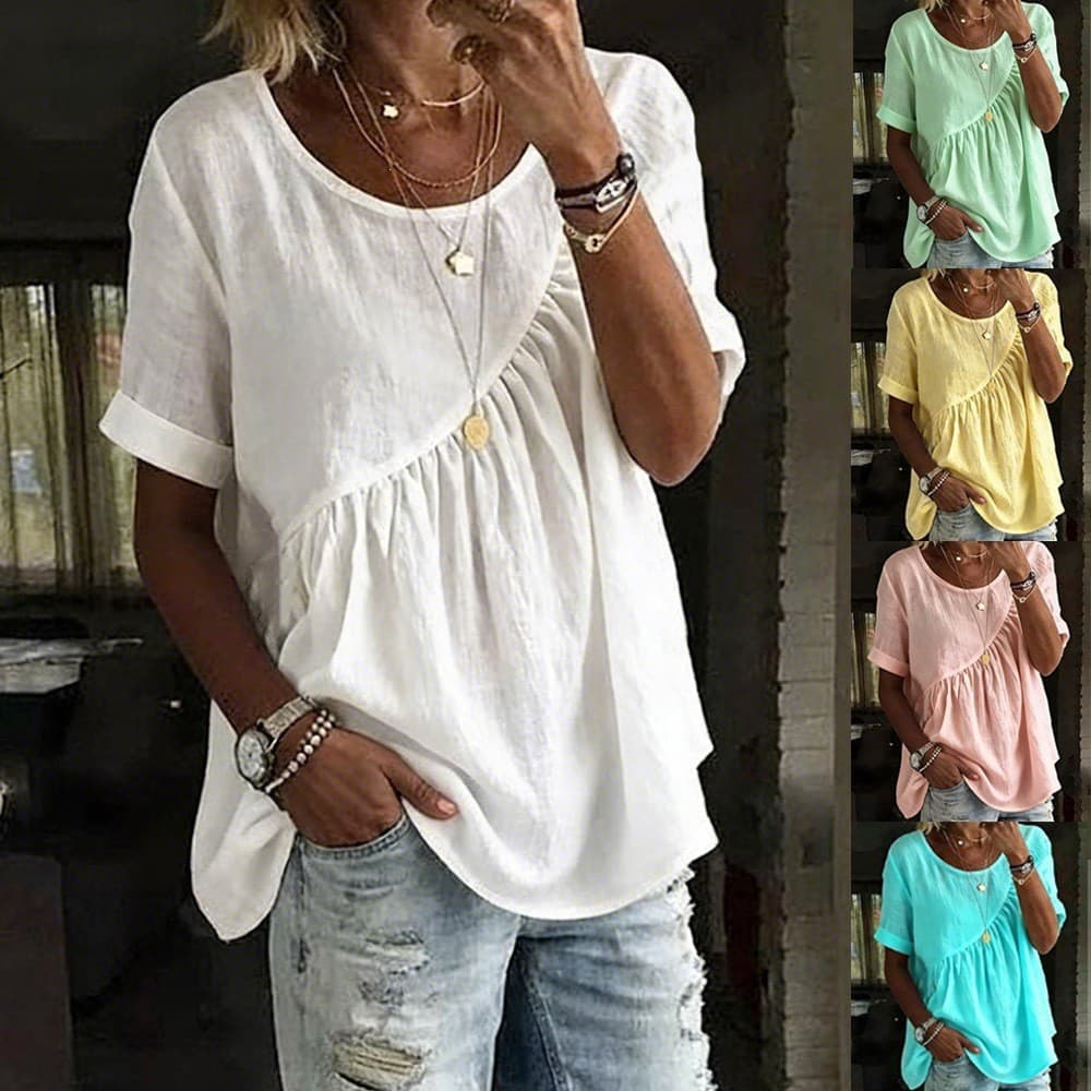 Primavera Verão Feminino T Camisa Senhoras Topos E De Manga Curta Plissado Camiseta