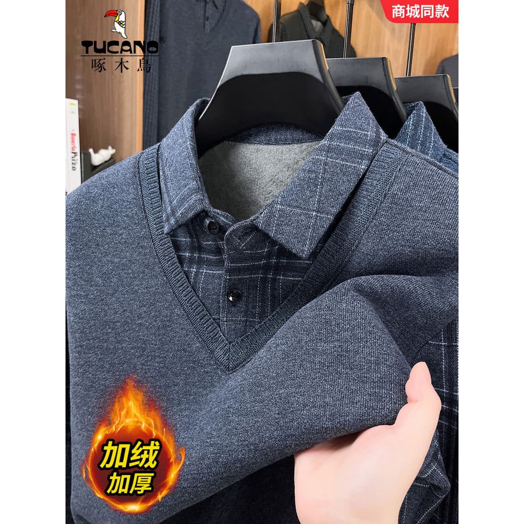 Woodpecker forro de lã engrossado camisola outono inverno novo estilo quente falso de duas peças topo masculino solto Ca
