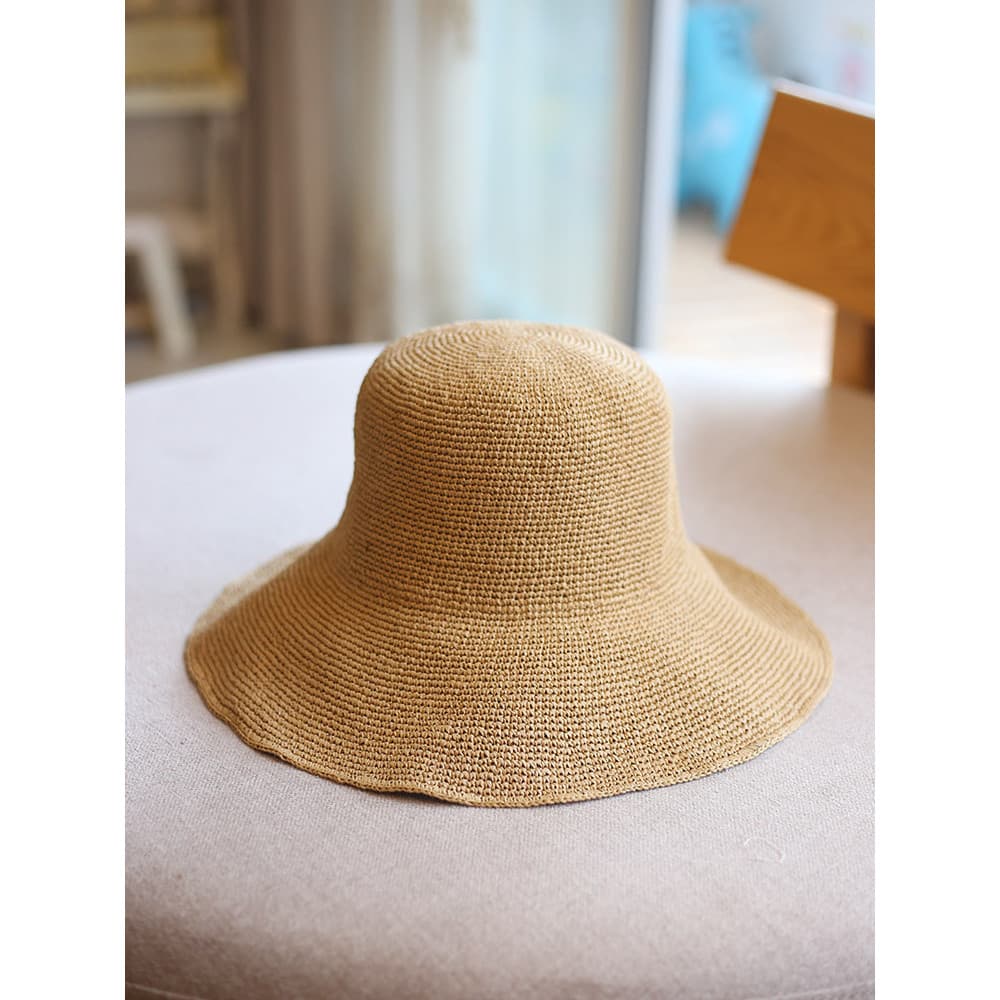 Chapéu de sol de crochê fino feito à mão chapéu de balde de grama fina All-Match viagem cúpula chapéu de palha protetor