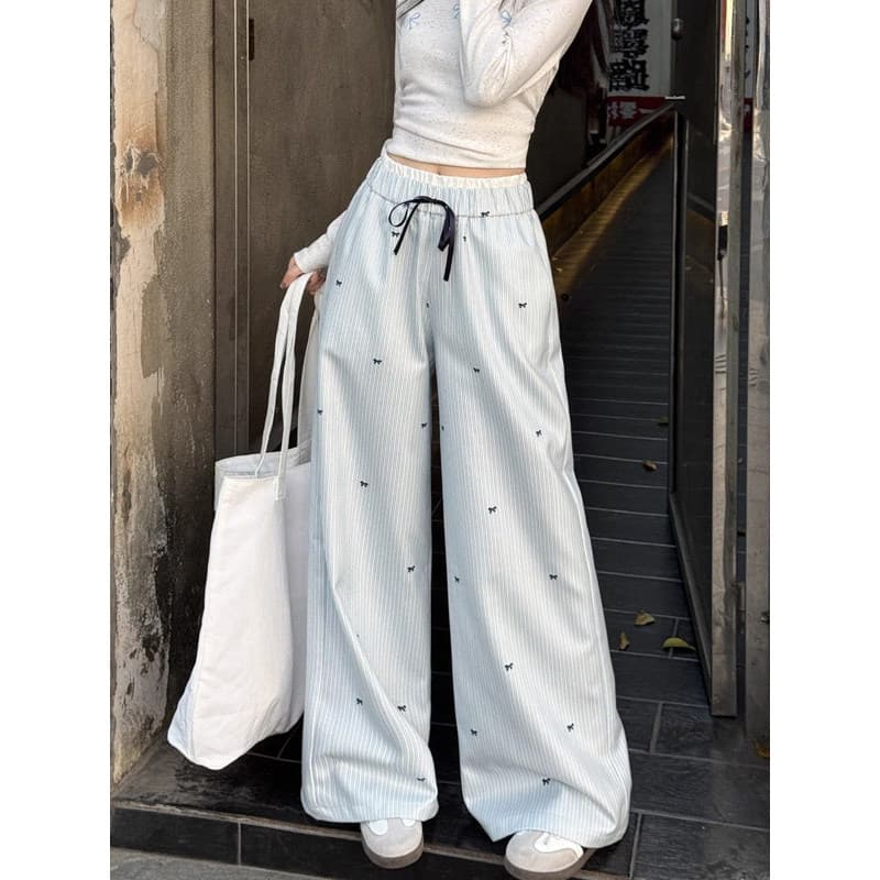 Uma vida bonita inteira!Estilo coreano azul listrado calças de perna larga feminina primavera verão Design nicho arco ca