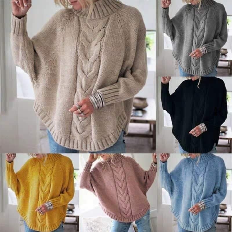 [Estilo Casual] Knit Sweater Women Loose Half High Neck Twist Knit Sweater Feminino/Manga Morcego/Malha Trançada