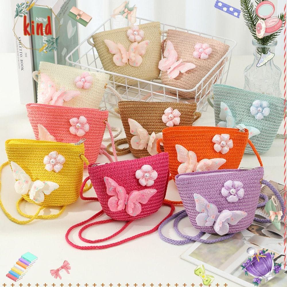 Bolsa De Palha Infantil Tipo , Crossbody De Flor De Borboleta Tecida Artesanal Em Formato De Concha Para Crianças E Meni