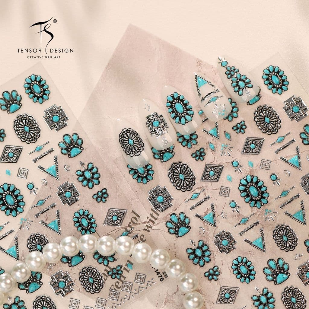 Turquesa padrão geométrico prata jóias Manicure adesivo M-1476 americano ocidental Cowboy estilo Retro adesivo de unhas