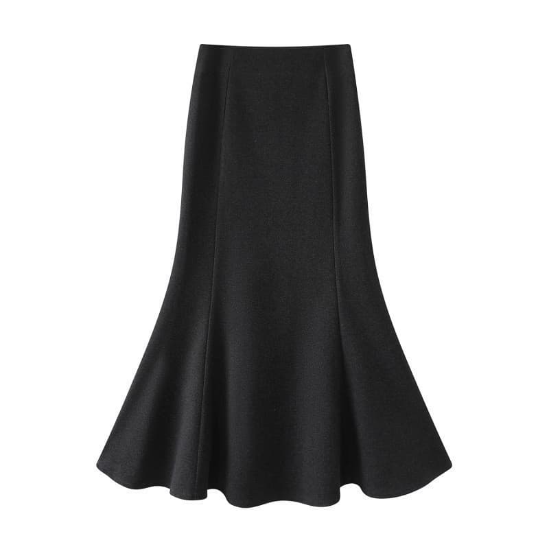 Saia midi preta Fenggao, nova saia midi de lã para mulheres no outono e inverno, cintura estilo sereia, versátil e equip