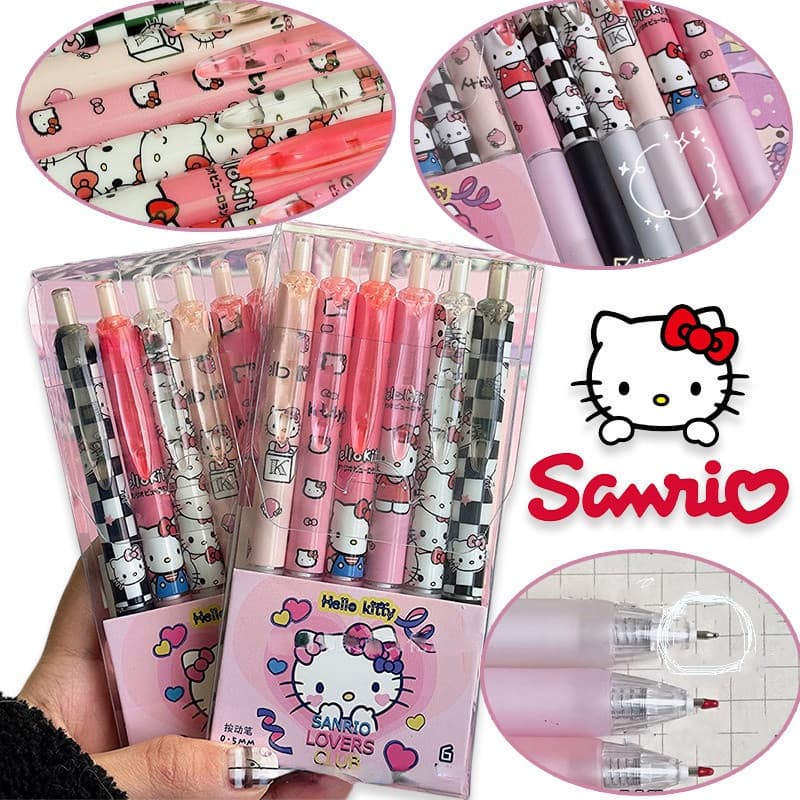Conjunto de 6 Canetas Gel Hello Kitty Fofas, Tinta Preta 0.5mm, Material Escolar de Desenho Animado EPVX