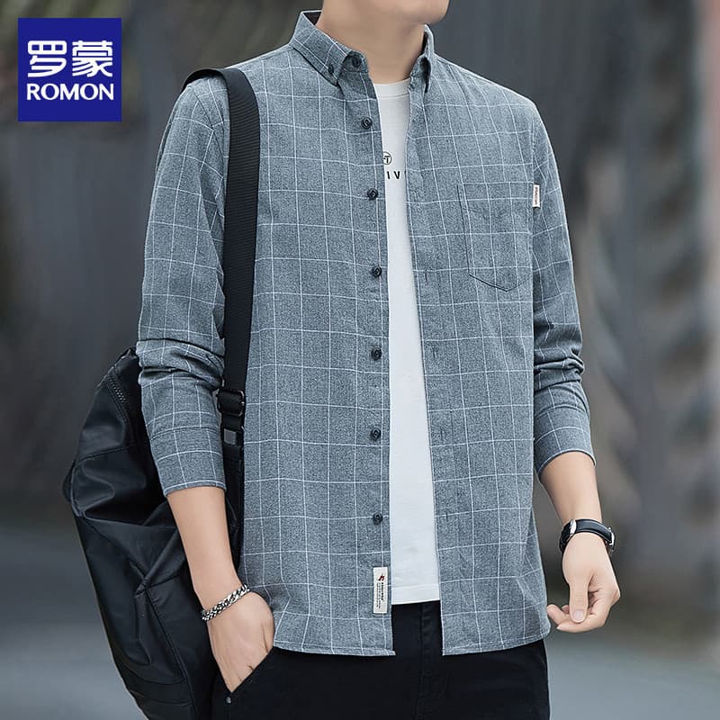 Lomon puro algodão camisa de manga comprida masculina 2026 outono xadrez não-ferro topo na moda camisa Casual jaqueta ma
