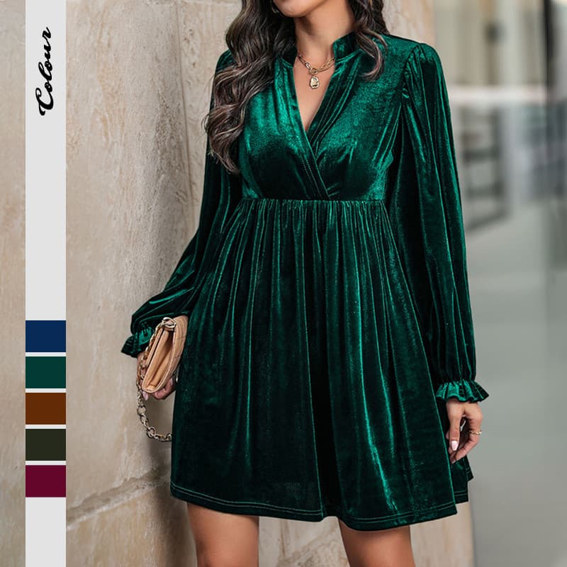 [100% roupas] 2026 novo estilo outono inverno Cross-Border estilo Retro saia curta solta vestido de veludo verde