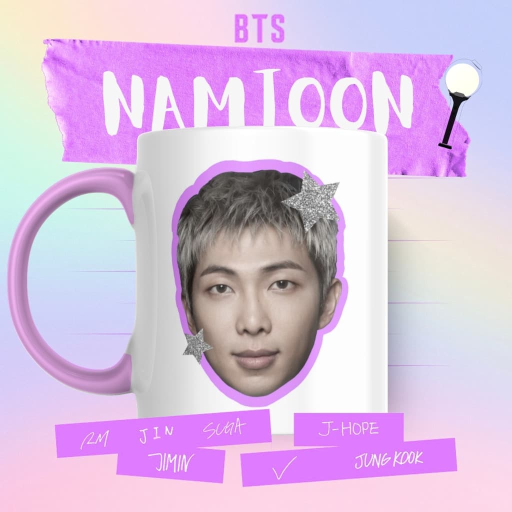 Caneca Xicara Porcelana 325ml BTS Army OT7 Namjoon RM Carinhas Personalizada Presente Decoração
