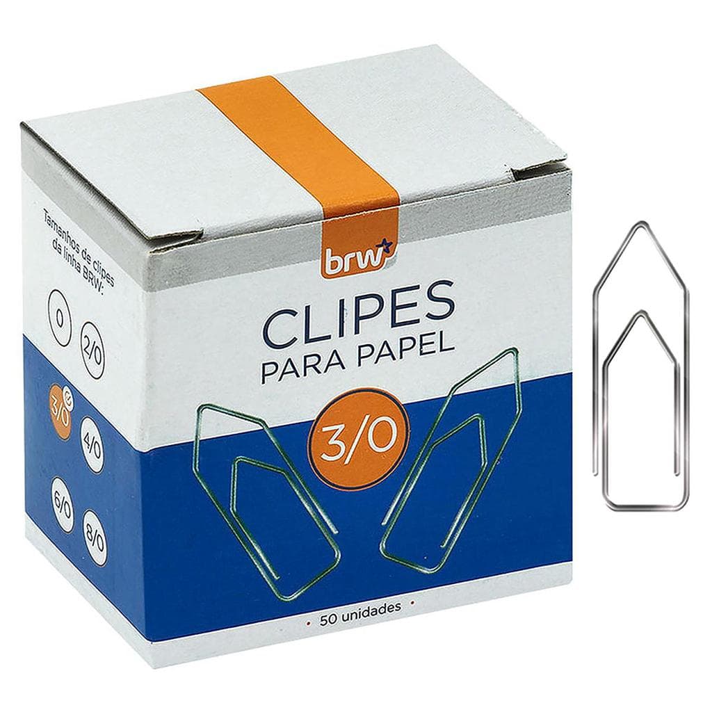 Clipes para Papel 3/0 BRW Caixa com 50 Clips Número 3/0 em Aço Galvanizado Não Quebra Sem Rebarbas