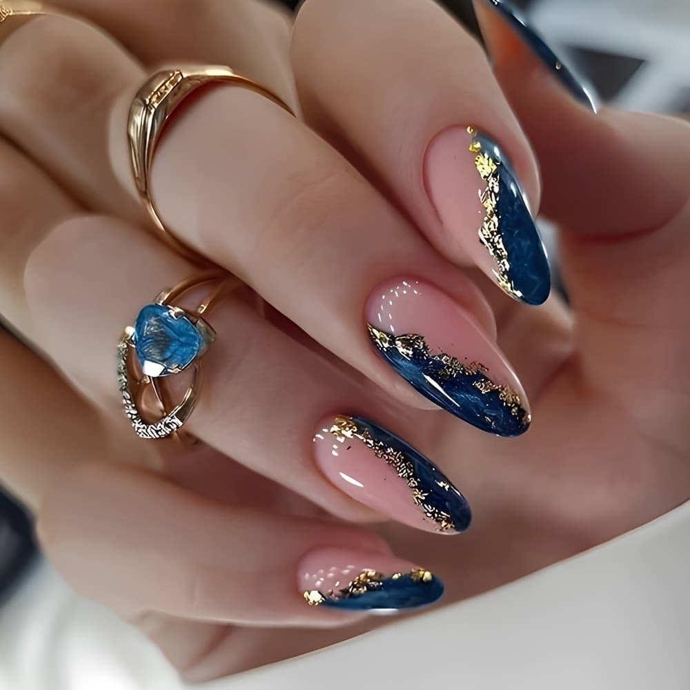 24 peças de unhas prensadas de amêndoa longa brilhante - Design de listras azuis e douradas, unhas falsas femininas reut