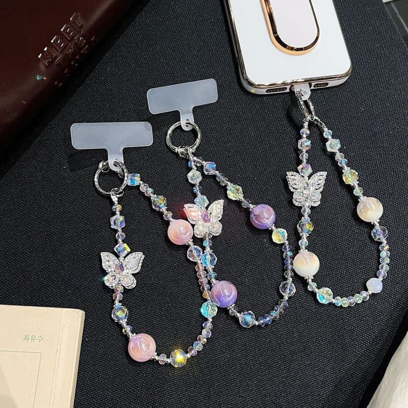 Novo cordão para celular com borboleta cravejada de diamantes, corrente curta com tema de borboleta, chaveiro, pingente