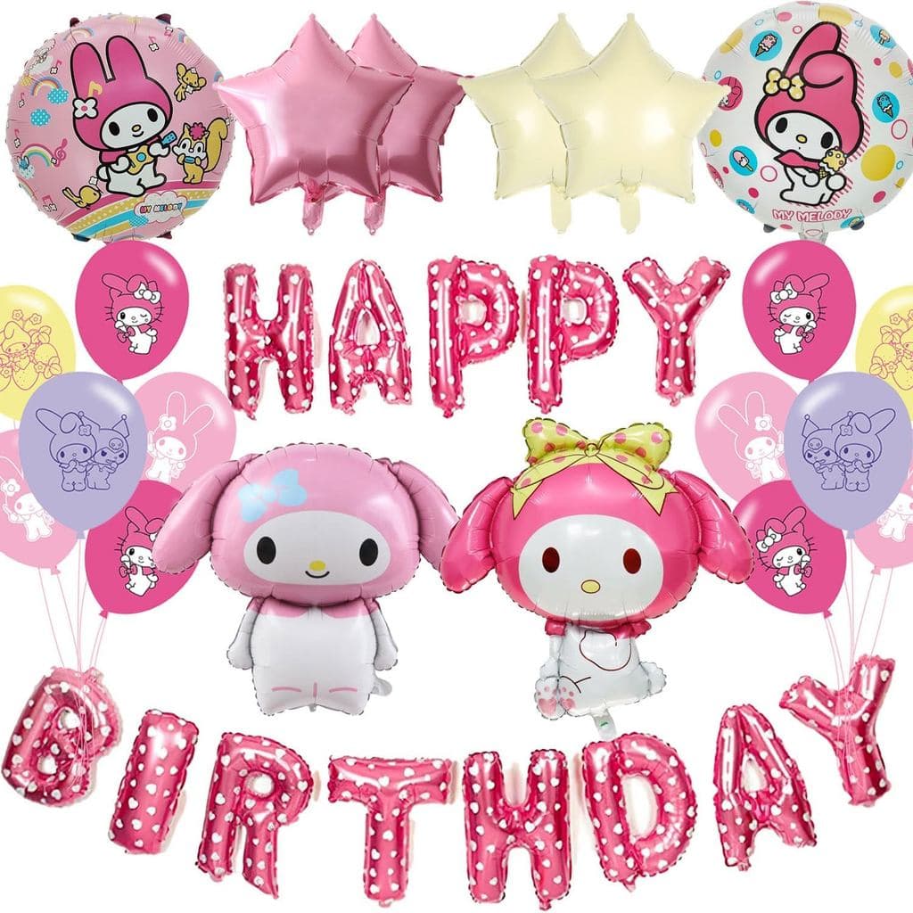 Decorações de Balões para Festa My Melodyy - Conjunto de 4 Balões Kawaii Hello Melodyy, 4 Balões Metalizados em Forma de