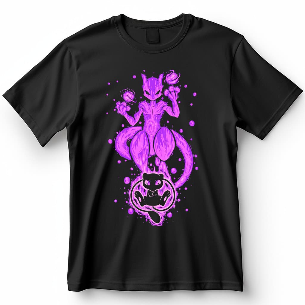 Camiseta Pokémon Mewtwo E Mew Arte Cósmica Roxa Anime Geek Blusa Camisa 100% Algodão