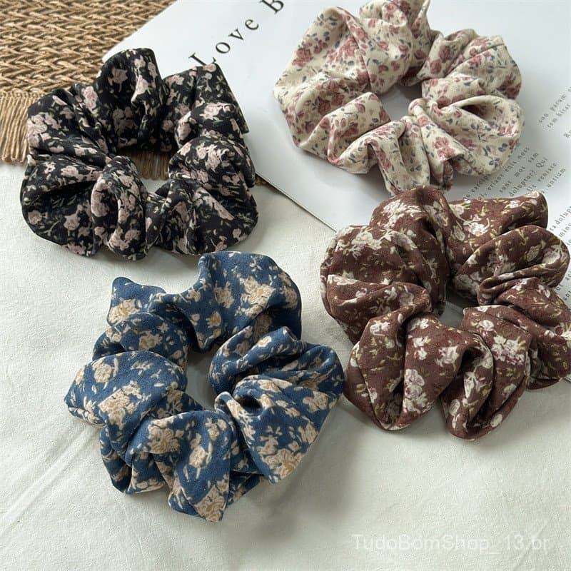 Elástico de cabelo durável para mulheres, com padrão floral fino, novo estilo de rabo de cavalo, scrunchie de tecido 202