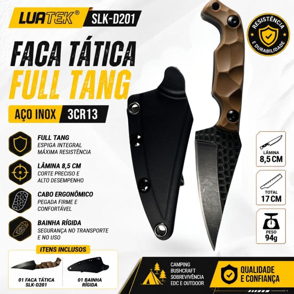 Faca Tática Full Tang 3Cr13 Camping Bushcraft EDC Bainha Luatek SLK-D201