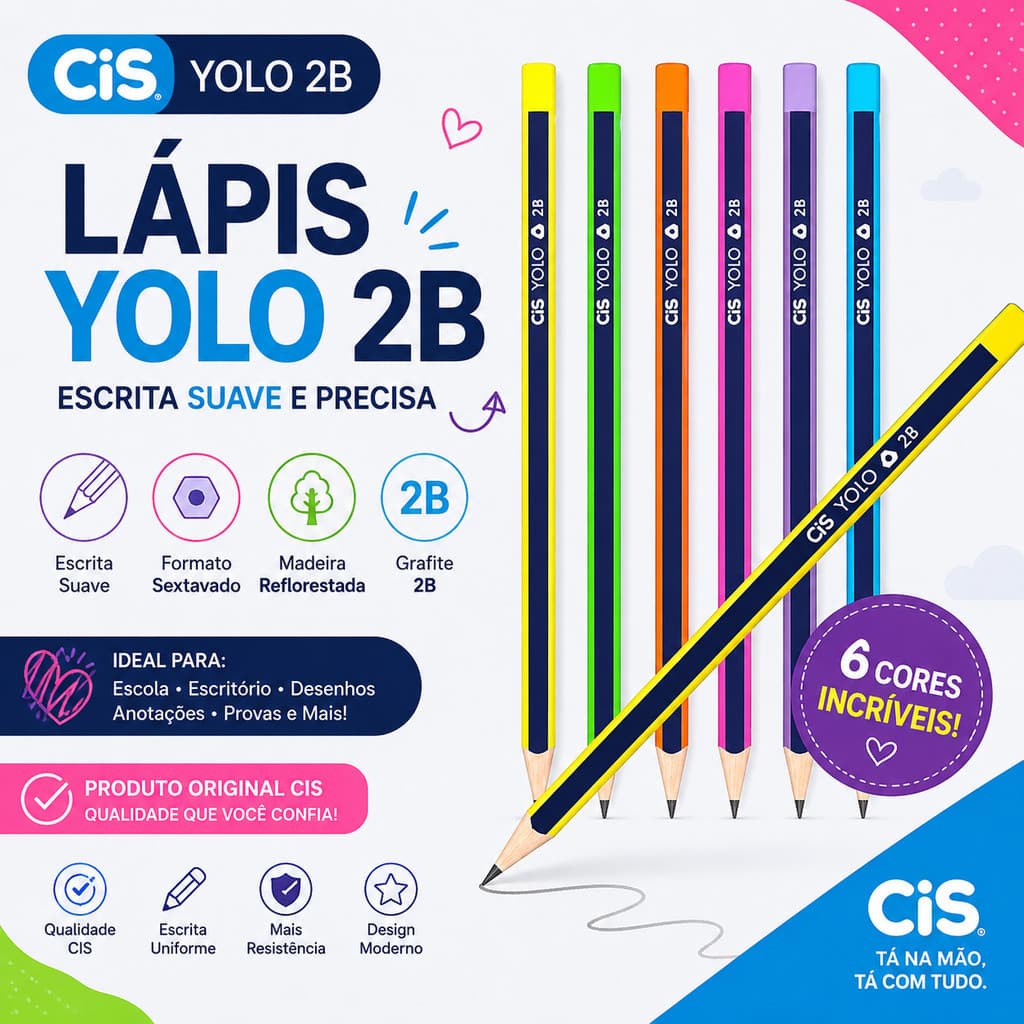 Kit 5 Lápis Grafite CIS YOLO 2B Cor Aleatória Original Escolar Escrita Macia Desenho Escritório