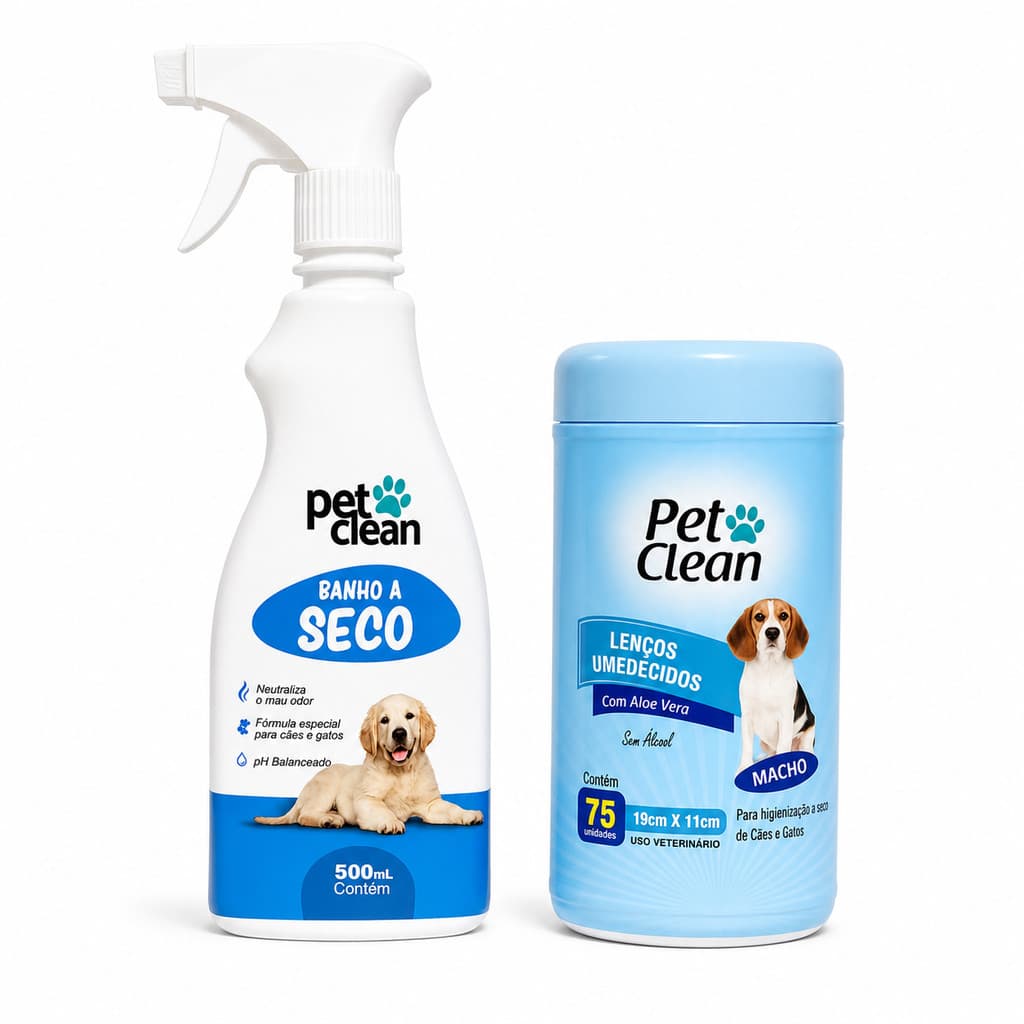 Kit Banho a Seco + Lenço Umedecido Macho para Cães Banho Sem Enxágue Pet Clean