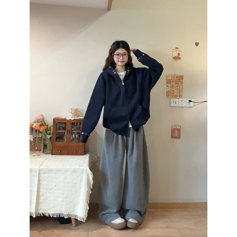 Americano Retro bordado com capuz Cardigan moletom feminino outono inverno forro de lã engrossado Design solto estilo pr