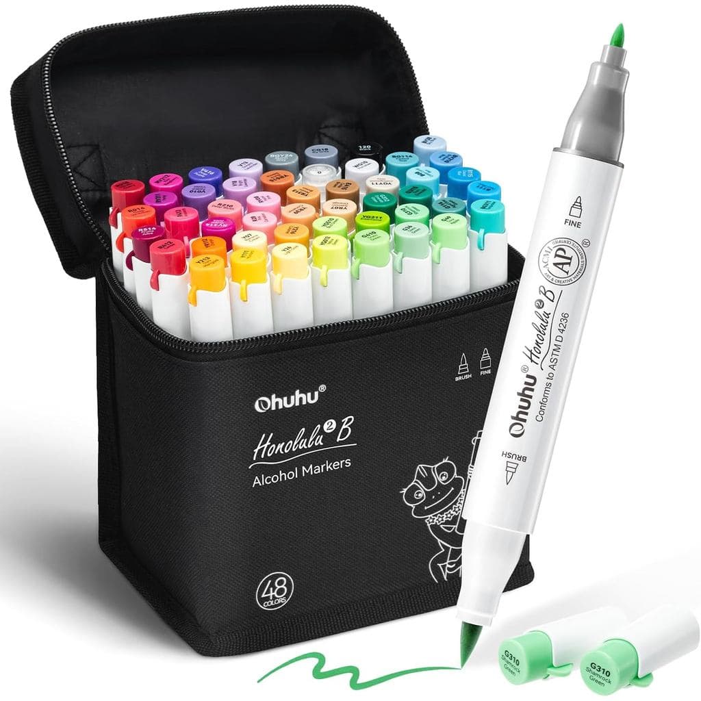 Marcadores de Álcool Ohuhu com Ponta de Pincel e Fina - Conjunto de 48 Marcadores Artísticos à Base de Álcool para Artis