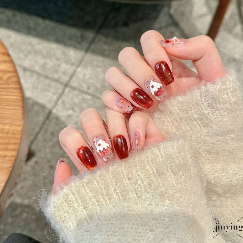 Unhas Falsas De Olhos De Gato Vermelho Com Bolo Impresso , Naturais Inquebráveis , Roupa Simples Para Amantes De Manicur