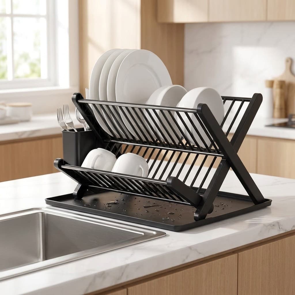 Rack De Secagem De Pratos Dobrável Organizador De Pia De Aço Inoxidável Com Bandeja De Gotejamento Para Cozinha