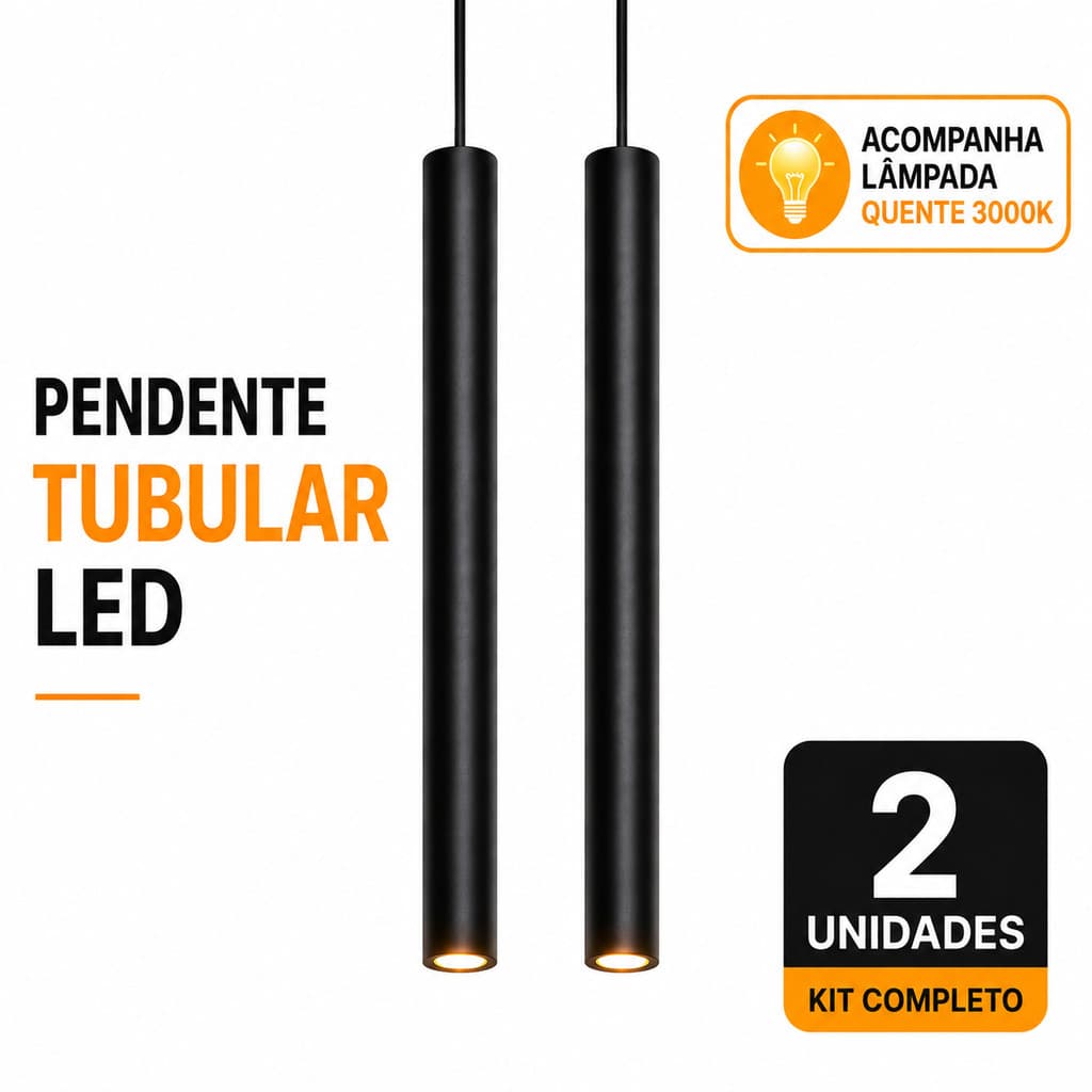Kit Pendente Tubolar GU10 40cm Preto Fosco Com LED Quente Lavabo Quarto