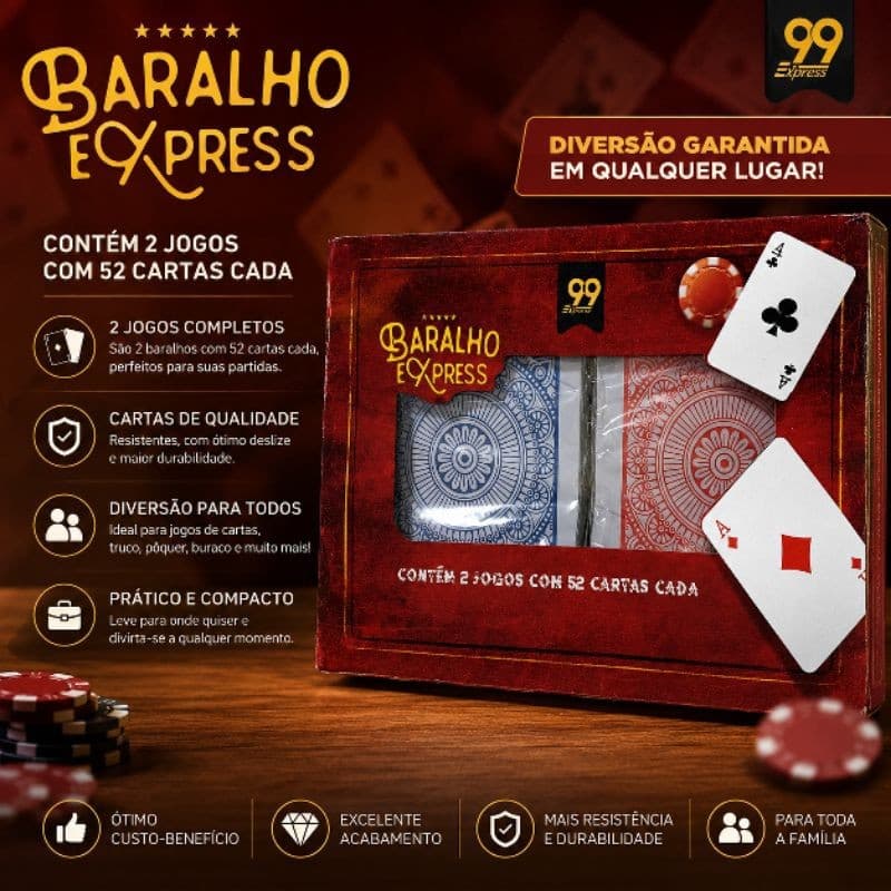 Baralho Express 2 Jogos com 52 Cartas Cada – Kit com 104 Cartas para Truco, Poker, Buraco e Canastra