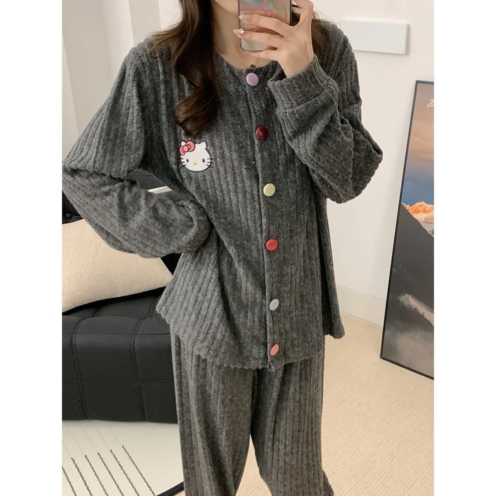 Pijamas de veludo alemão feminino outono inverno manga comprida dos desenhos animados cinza KT gato Cashmere engrossado
