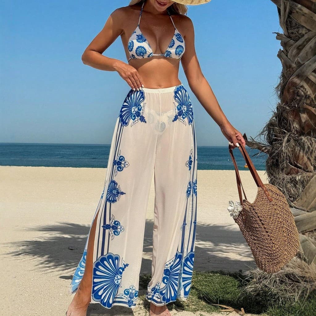Biquíni estampado maiô de três peças com cadarço frente única calças biquíni maiô feminino rápido-