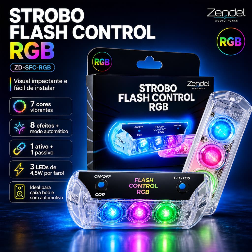 Kit 2 Strobo Flash Control RGB Zendel ZD-SFC-RGB Led Som Automotivo Caixa Bob 8 Efeitos 7 Cores